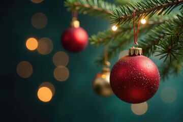 Obraz premium Copper wire and glass baubles hanging from a branch, tree, wire, festive