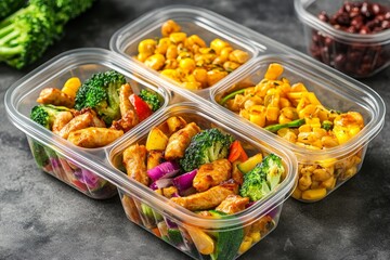 Obraz premium Colorful Meal Prep Containers with Healthy Chicken and Vegetables