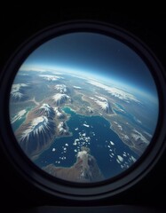 Fototapeta premium Observing planet Earth through a porthole reveals a breathtaking view of snow-capped mountains, serene oceans, and scattered clouds, highlighting the planet beauty from above. Generative AI