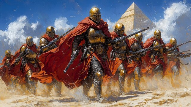 Hernan Cortes stands forefront of his disciplined soldiers dressed in armor and crimson capes marching Tenochtitlan amid looming Aztec pyramids.