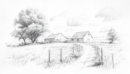 Realistic Pencil Sketch of a Rustic Barn with Country Road and Trees in a Rural Landscape