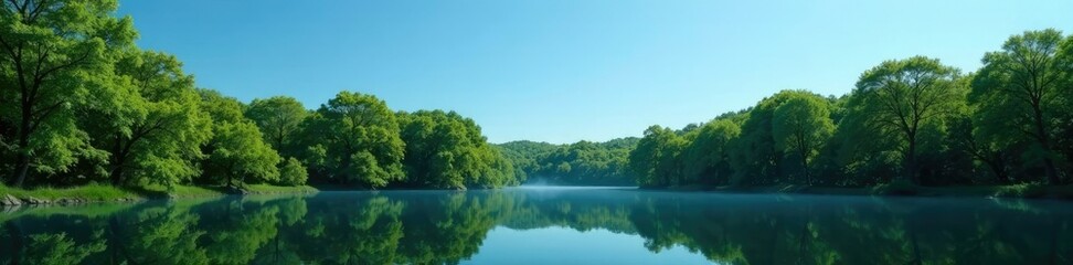 Dense forest of trees reflected in a clear blue sky, nature, serene
