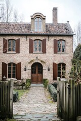 Fototapeta premium Nestled in a tranquil neighborhood, this picturesque brick house features charming wooden shutters and is enveloped by lush greenery on a cloudy day