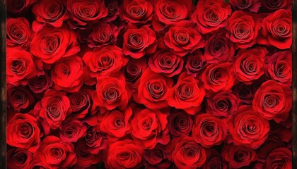 A dense arrangement of numerous deep red roses fills the frame, creating a rich, textured background.