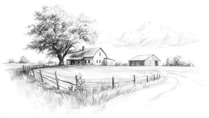 Realistic Pencil Sketch of a Rustic Barn with Country Road and Trees in a Rural Landscape