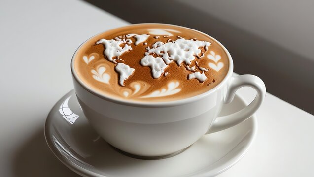 A beautifully crafted latte art featuring a world map, showcasing creativity in coffee presentation.