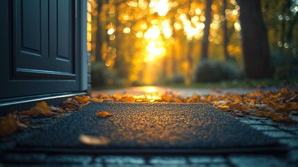 Autumnal doorway, sunlight path, welcoming mat, golden leaves