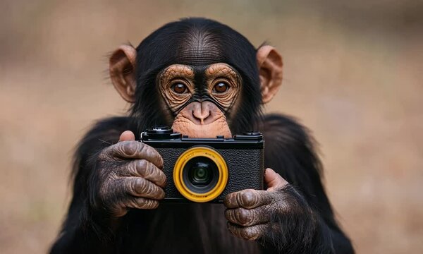 A curious chimpanzee holds a camera, symbolizing the intelligent and playful nature of these creatures, as it engages with the world around it.