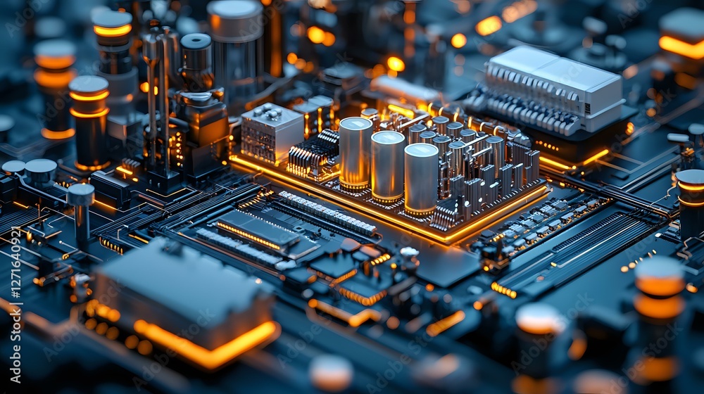 Poster macro view of electronic circuit board with glowing orange elements and microchips, depth of field e