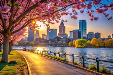 Fototapeta premium Boston Esplanade Panoramic Early Spring Bokeh - Scenic Cityscape Photo