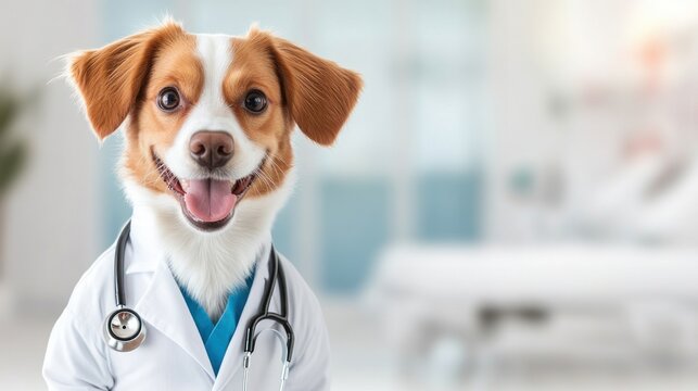 A cheerful dog wearing a doctor&rsquo;s outfit and stethoscope stands in a veterinary clinic exuding professionalism and joy. The softly lit background adds to the welcoming atmosphere