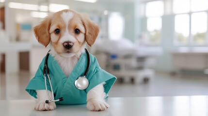 A small puppy wearing a doctor outfit and stethoscope sits confidently at a table in a veterinary clinic