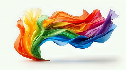 Flowing rainbow colored fabric creating dynamic wave motion against white background, abstract design element for creative projects and decorative art.
