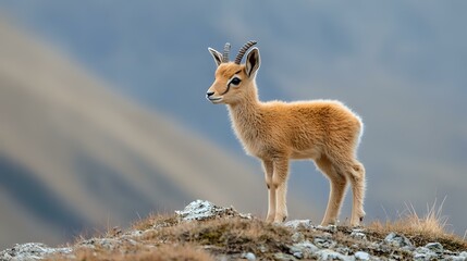 Young klipspringer antelope standing on rocky outcrop in natural mountain habitat, side view of small African antelope with distinctive tan coat against blurred background.