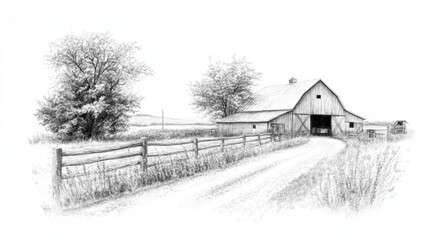 Realistic Pencil Sketch of a Rustic Barn with Country Road and Trees in a Rural Landscape