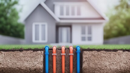 Underground Pipes Installation Near Modern House with Green Lawn and Blurred Background