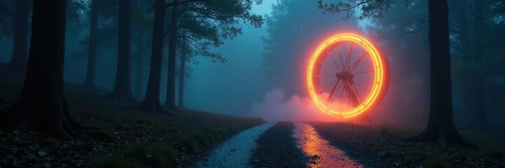 Luminous wheel tracing a winding course through the trees, luminous, foggy