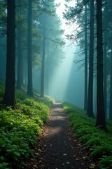 Fototapeta premium Misty forest trail winding through trees foggy, landscape, mist, nature