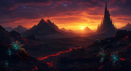 Fototapeta premium Sunset over Volcanic Landscape with Alien Flora and Castle