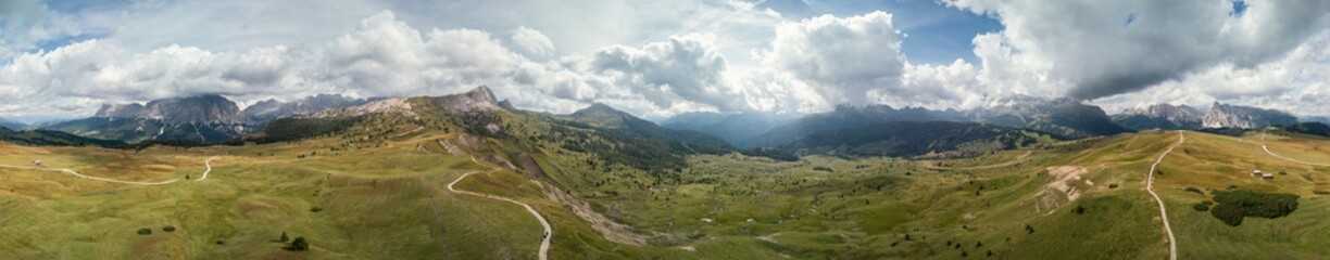360 degree drone panorama of the Pralongia Plateau in the Dolomites, Italy. Highlights vast alpine...