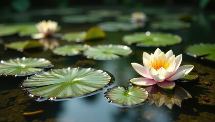Mud-covered plants and water lilies on a still pond surface, lily pad, still life, mud