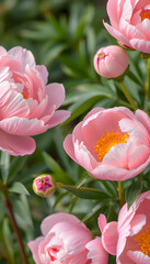 Fototapeta premium Tender light pink banner of fresh peony petals, asian style. White tone