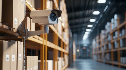 Security Camera Monitoring Stockroom with Shelves of Cardboard Boxes