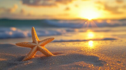 Fototapeta na wymiar Sunset over Sandy Beach with Starfish on Shoreline