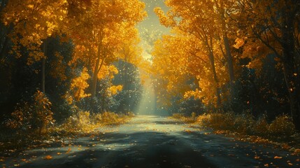 Autumnal path through golden forest, sunlit leaves falling