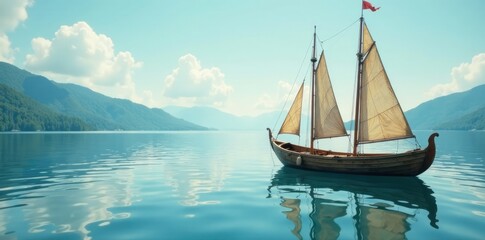 Naklejka premium Small wooden boat with three sails resting in the calm lake, stillness, relaxation