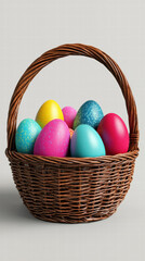 A wicker basket filled with colorful, decorative Easter eggs in various bright hues, perfect for spring celebrations.