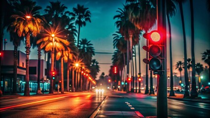 Bright Red Pedestrian Light at Night, Palm Trees, City Street - Stock Photo