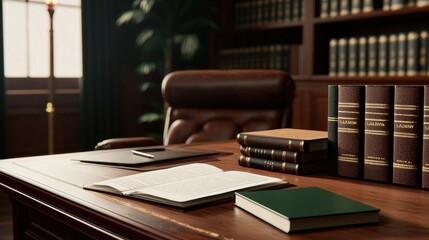 Elegant Law Office Workspace with Wooden Desk, Books, Leather Chair, and Natural Light Streaming Through Window