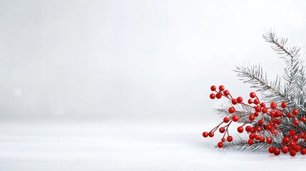 Red Berries and Glittering Snow on White Background
