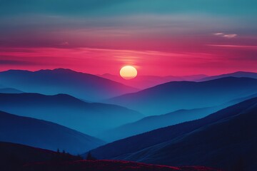 Fototapeta premium Serene sunset over rolling mountains with vibrant colors and misty valleys in the background