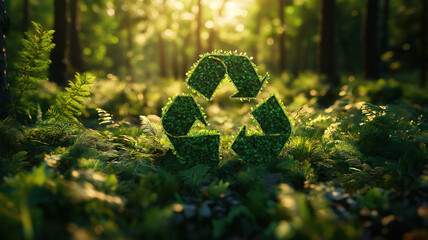 Nature conservation emphasized by a green recycling symbol set against a forest backdrop