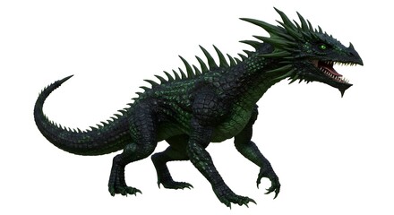 Fototapeta premium A fearsome Green Dragon, digitally rendered, isolated on a white background. A majestic creature of myth and legend.