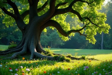 Majestic Ancient Tree's Sprawling Branches in a Verdant Meadow, Sunlight Illuminating Lush Foliage and Wildflowers