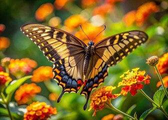 Fototapeta premium Brown & Yellow Swallowtail Butterfly Pollinating Orange Flowers in Georgia Butterfly Garden - Bokeh Effect
