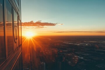 Sunset view from skyscraper reflecting cityscape and horizon