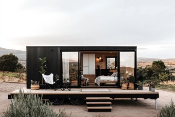 Fototapeta na wymiar Exploring scandinavian tiny home on wheels nature-inspired design mobile living open air minimalist concept