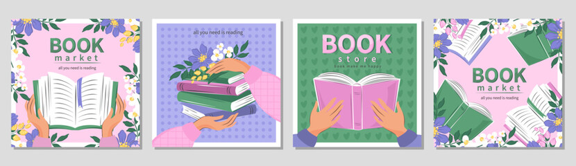 Set of banner for bookstore, library, sale in bookshop, market. People read books. Spring summer floral background. Vector illustration for poster, cover, marketing, sale.