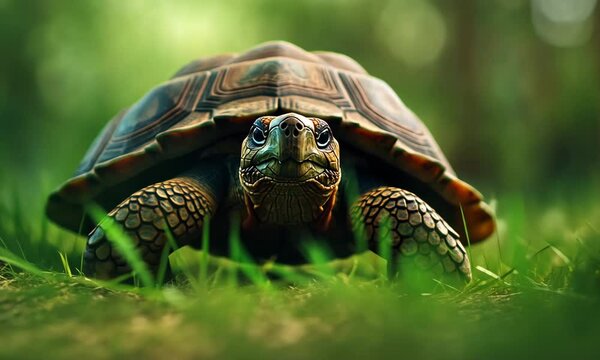 This captivating image features a turtle peeking through lush greenery, showcasing its intricate shell patterns and vibrant eyes, a perfect representation of wildlife beauty.