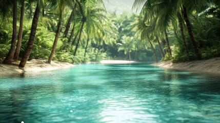 Tranquil turquoise creek flows through lush tropical paradise. Palm trees line the sandy banks, creating a serene escape.