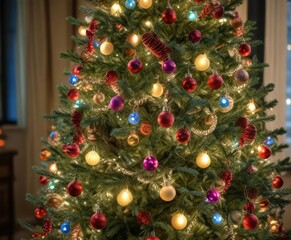 stunning pine garland draped over the top of a fully decorated Christmas tree with colorful fairy lights and ornaments, holiday decor, winter wonderland, fairy lights