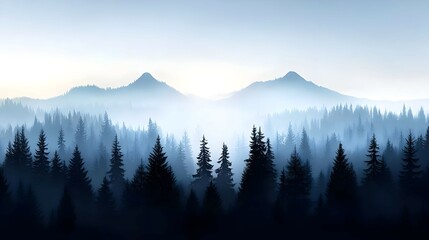 Obraz premium Misty Blue Forest and Mountain Range Landscape
