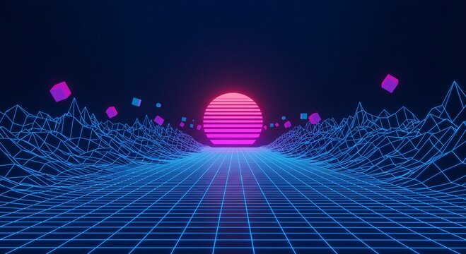 Retro synthwave landscape with pink sun and blue grid terrain. Digital 80s style neon virtual horizon. Futuristic outrun aesthetic background for music, gaming and tech design