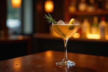 Aromatic cocktail in a stemmed glass garnished with a citrus twist and fresh herb, resting on a dark wooden surface in a dimly lit bar setting.