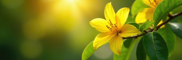 Fototapeta premium Sunlit yellow ylang ylang Cananga odorata flowers on tree branches, morning dew, tree blooms, green leaves
