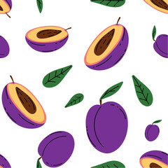 Seamless vector pattern depicting a juicy ripe plum and its slices. For wallpaper design, textiles, postcards, posters, banners. For the kitchen